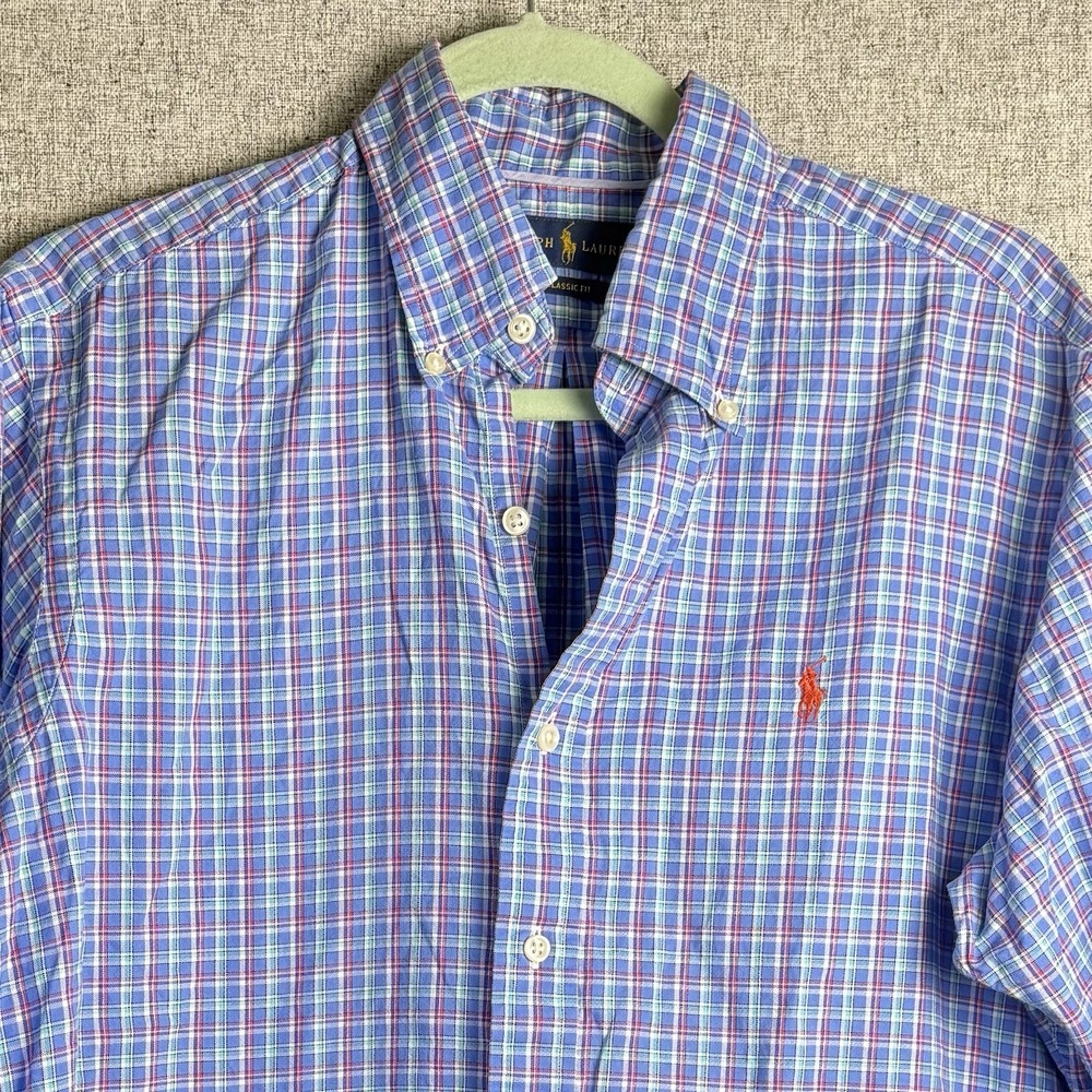 Ralph‎ Lauren Classic Fit Blue Red Checked Cotton Button Down Shirt MEDIUM Long
